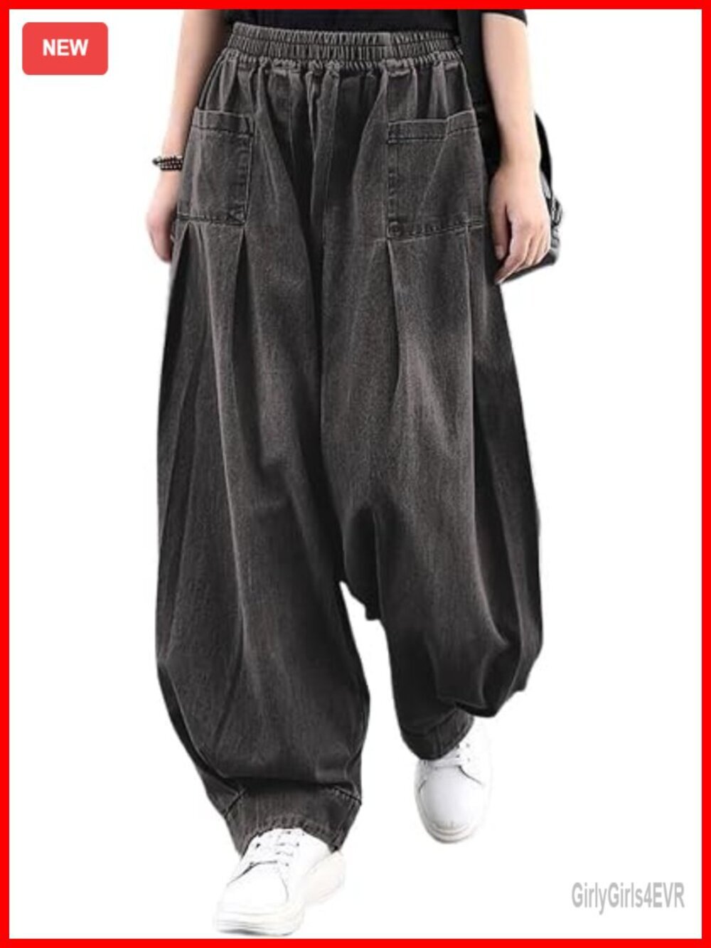 Elastic Waist Wide Leg Harem Jeans Stretchy Denim Pleated Front Drop Crotch